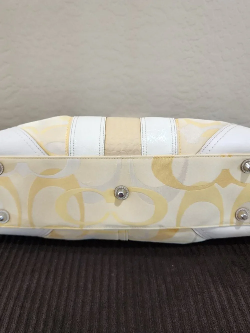 Coach Hampton Optic Signature Stripe Yellow White Double Handle Shoulder Bag